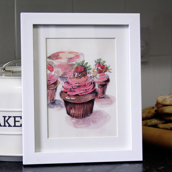 Strawberry Chocolate Cupcakes Watercolour / Home Kitchen and Dining Decor / Foodie Gift - 300gsm Fine Art Print